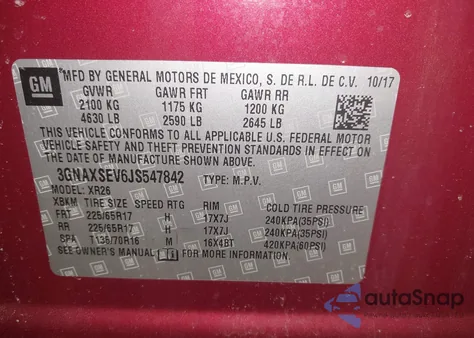 2018 Chevrolet Equinox Lt from USA, damaged, VIN 3GNAXSEV6JS547842